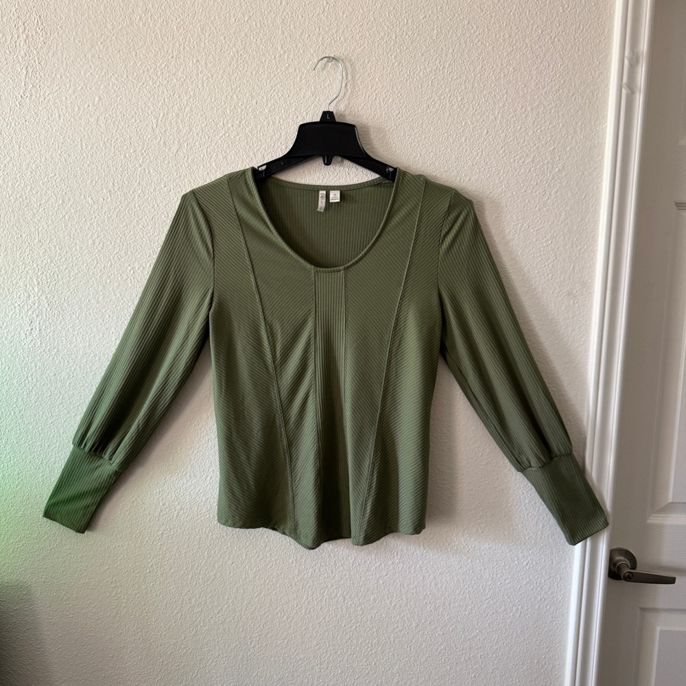 Cato Olive Green Ribbed Scoop Neck Top M Balloon Sleeve Fall Cottage Goblincore